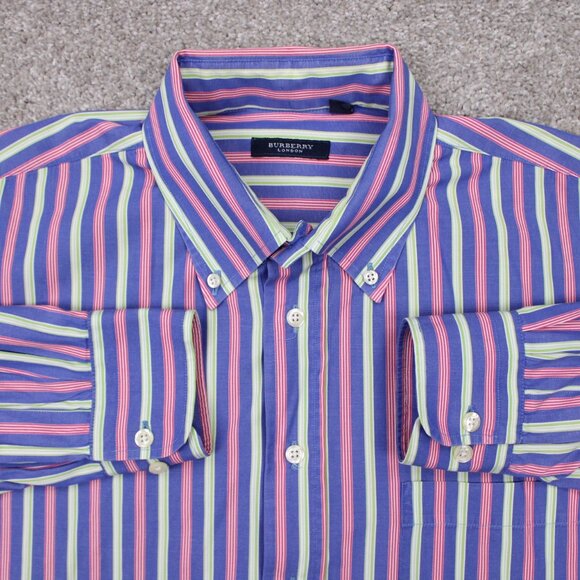 Burberry London Shirt Adult Large Pink/Purple/Green Striped Long Sleeve Button - Picture 1 of 12